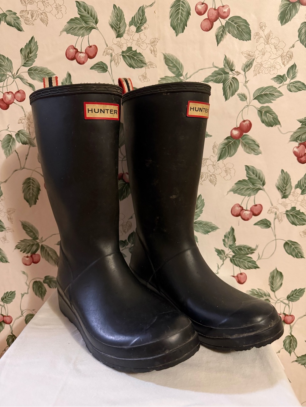 Hunter Black Tall Rain Boots with Red Accent